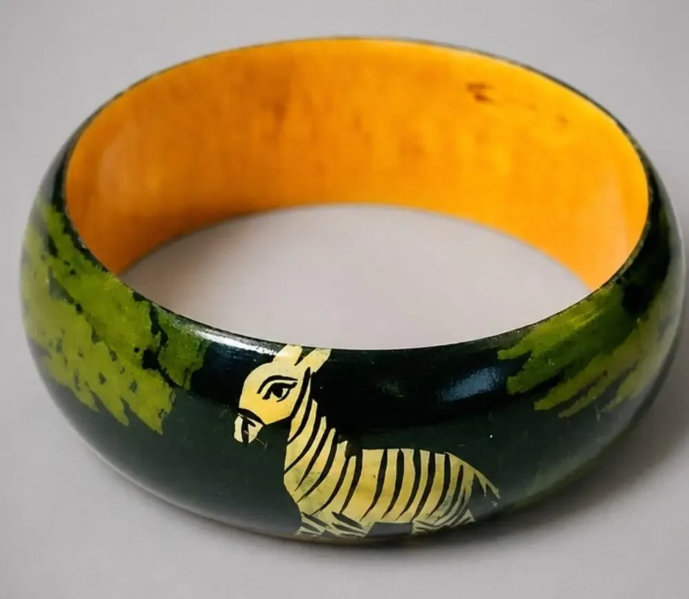 Vintage Enameled Jungle Print Zebra Wide Bangle Bracelet, Green- Tribal bn-1
